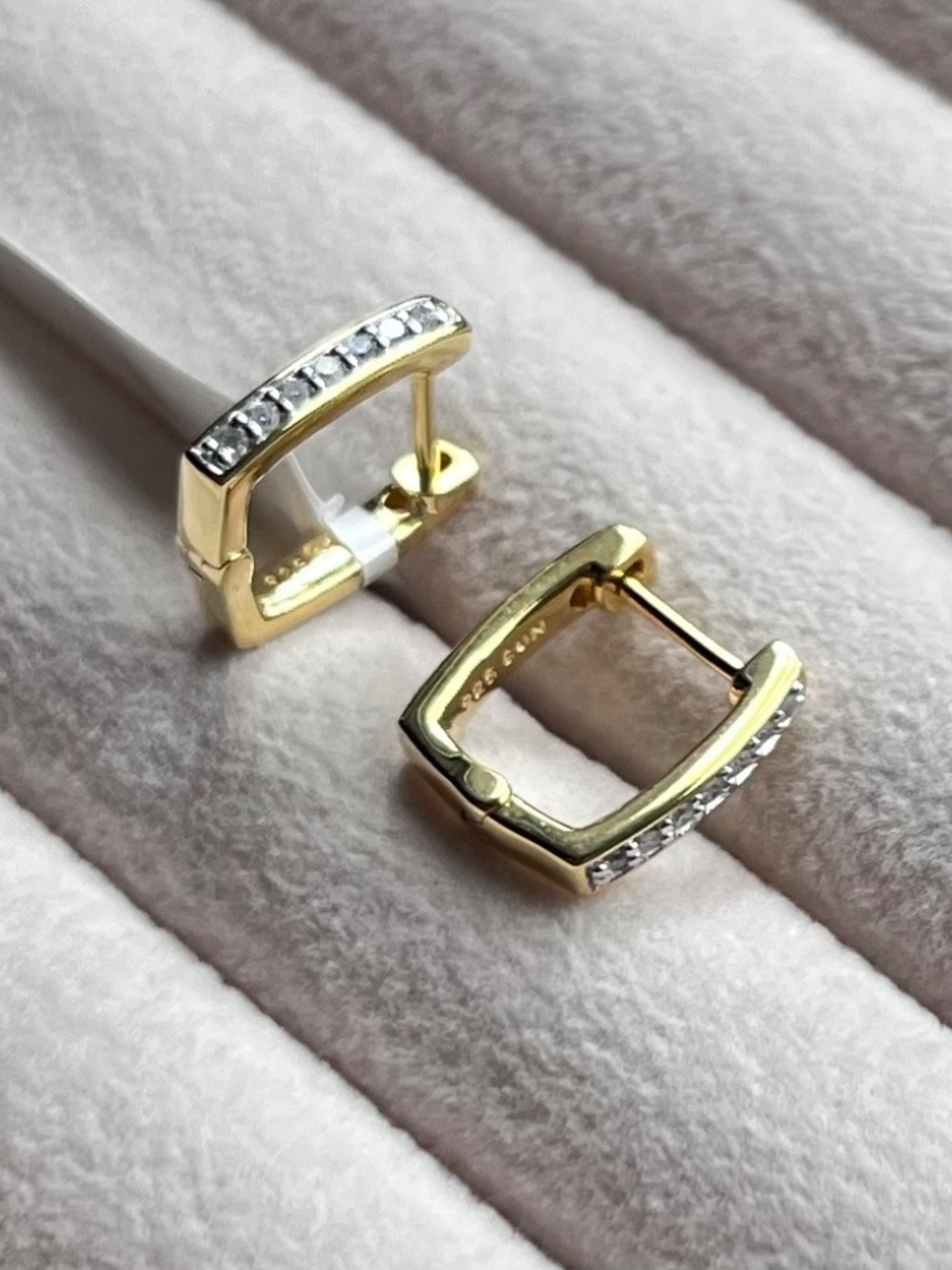E074 | Natural Diamond Rectangular Huggie Hoops - Picture 3 of 5